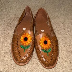Brown Sunflower Embroidered Women's Loafers